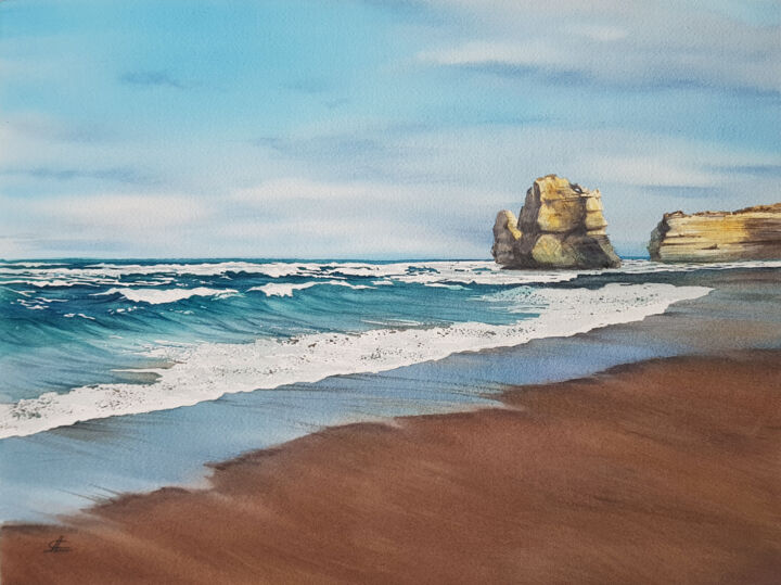 Pittura intitolato "Seascape and cliffs…" da Svetlana Lileeva, Opera d'arte originale, Acquarello