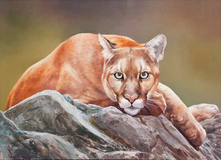 Painting titled "Animal World, Puma" by Ilia Zherniak (Magicofcolour), Original Artwork, Oil