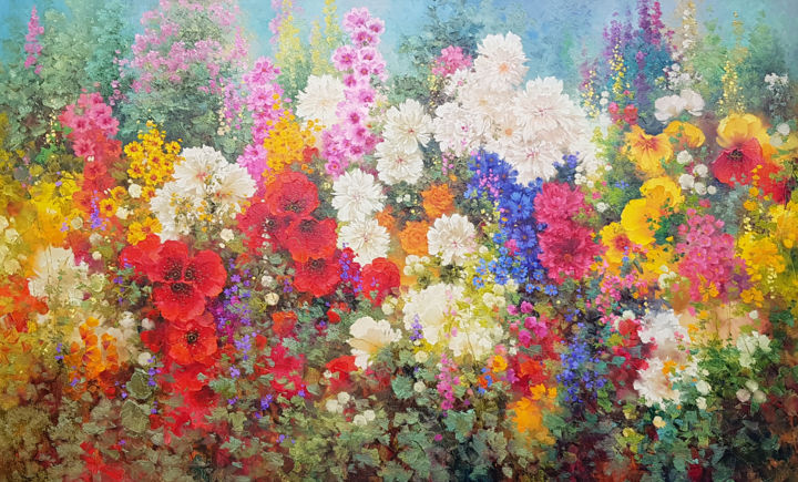 Painting titled "Spring field of flo…" by Ilia Zherniak (Magicofcolour), Original Artwork, Oil