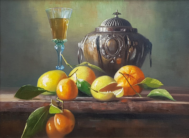 Painting titled "Still Life with ora…" by Ilia Zherniak (Magicofcolour), Original Artwork, Oil