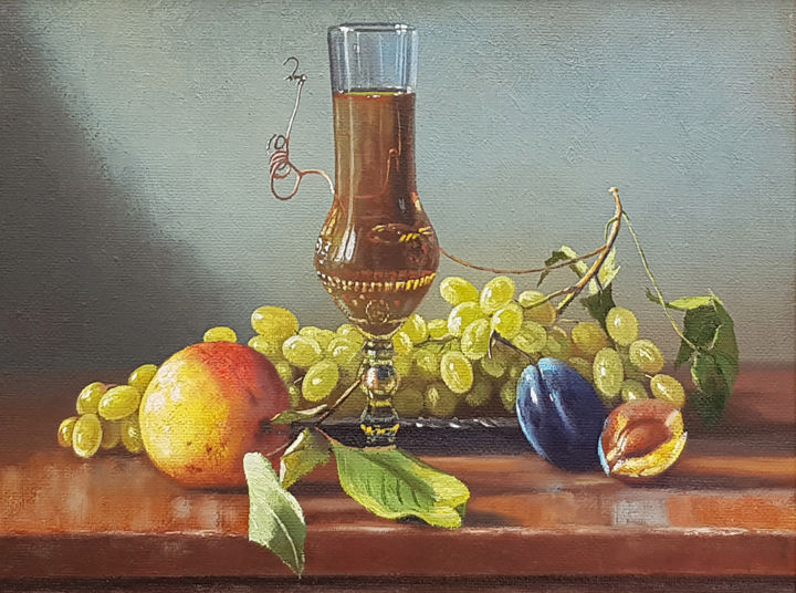 Painting titled "Still life with gra…" by Ilia Zherniak (Magicofcolour), Original Artwork, Oil