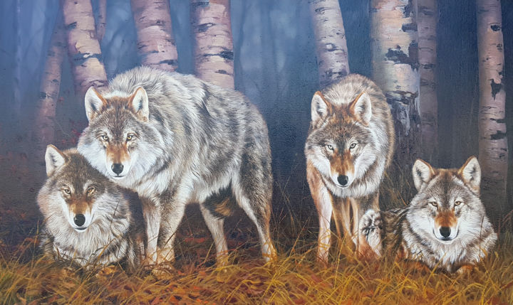 Painting titled "Animal World, Wolve…" by Ilia Zherniak (Magicofcolour), Original Artwork, Oil