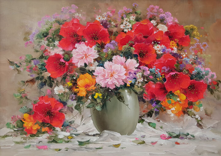 Painting titled "Bouquet of poppies" by Ilia Zherniak (Magicofcolour), Original Artwork, Oil