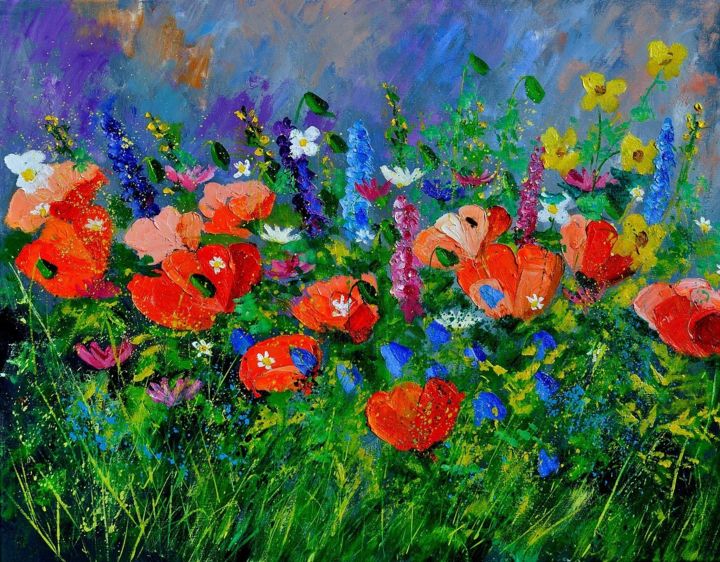 Painting titled "Flowers in Fields" by Maka Magnolia, Original Artwork, Oil