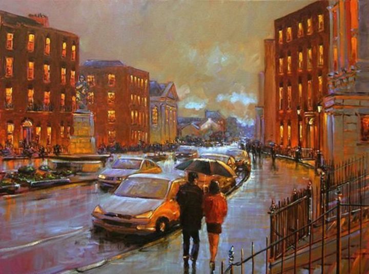 Painting titled "In a rainy City" by Maka Magnolia, Original Artwork, Pastel