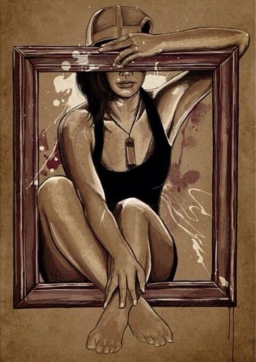 Painting titled "Woman in Frame" by Maka Magnolia, Original Artwork, Oil Mounted on Glass