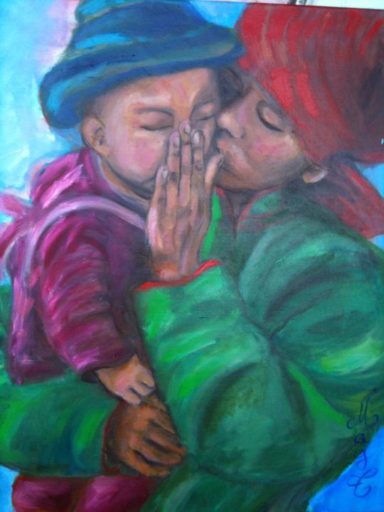 Peinture intitulée "maman et bébé enrhu…" par Magtram, Œuvre d'art originale, Huile