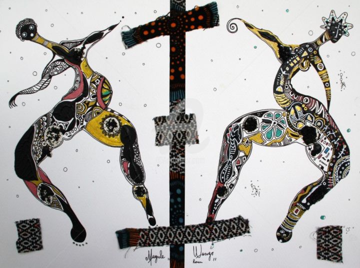 Drawing titled "Danse de l'amour" by Magule Wango, Original Artwork