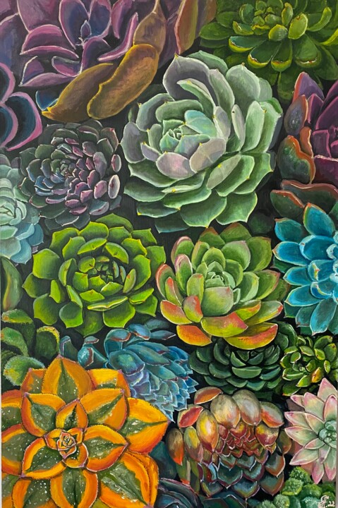 Painting titled "Succulents" by Anastasiia Makhankova, Original Artwork, Oil