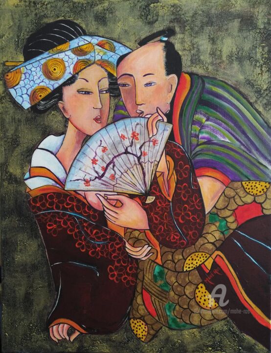 Painting titled "Amoureux à l'éventa…" by Mahé Ros, Original Artwork, Acrylic Mounted on Wood Stretcher frame