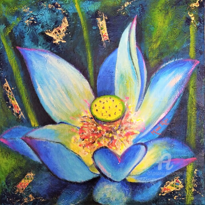 Peinture intitulée "Lotus bleu" par Mahé Ros, Œuvre d'art originale, Acrylique Monté sur Châssis en bois
