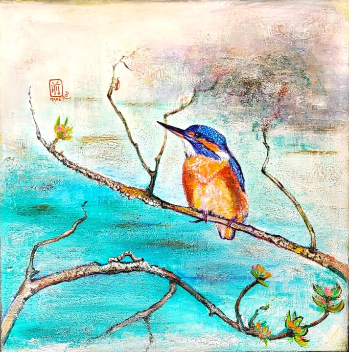Картина под названием "Martin-pêcheur, un…" - Mahé Ros, Подлинное произведение искусства, Акрил Установлен на Деревянная рам…