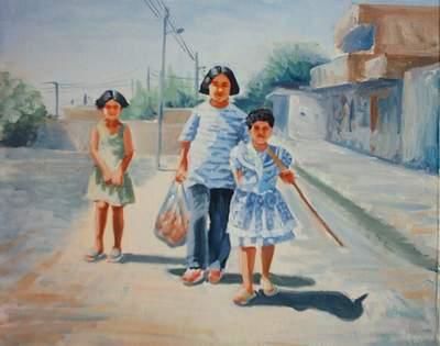 Painting titled "Girls Walking to Me" by Maher Sinjary, Original Artwork