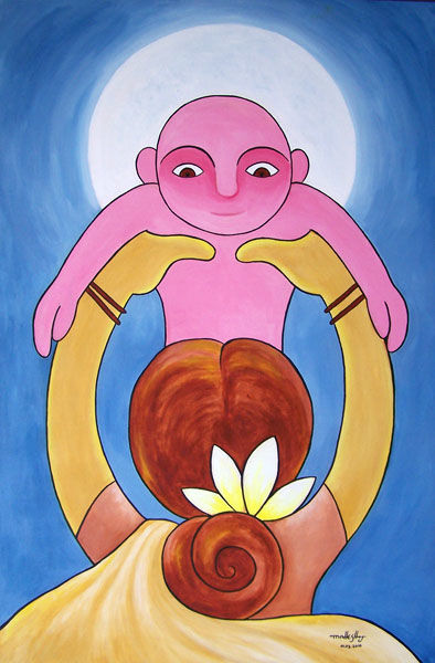 Painting titled "baby-in-moon-light" by Mahes, Original Artwork, Acrylic