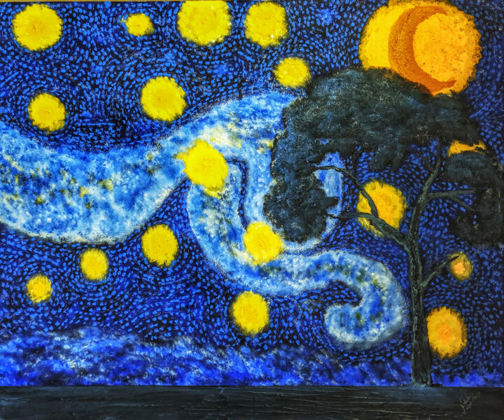 Peinture intitulée "The Lonely Starry N…" par Mahfuzur Rahman, Œuvre d'art originale, Acrylique Monté sur Panneau de bois