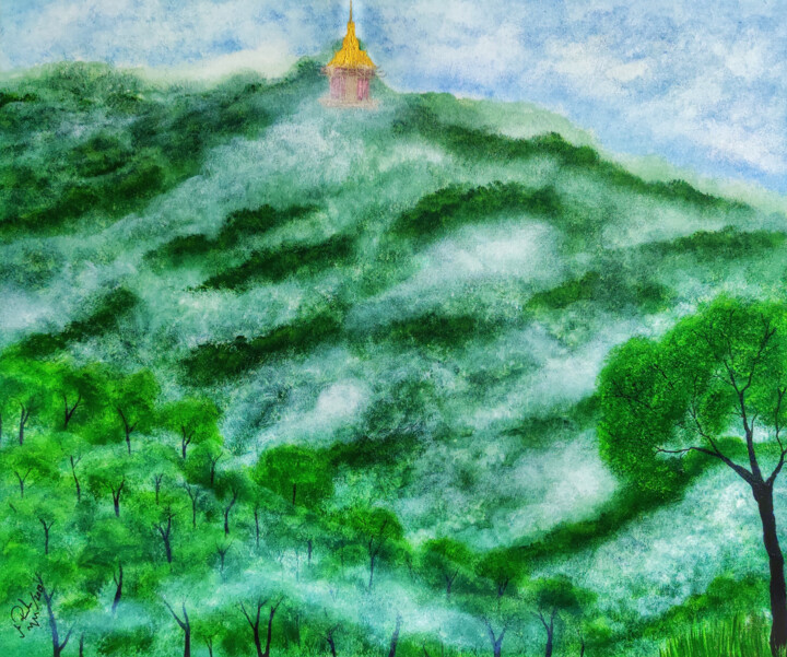 Painting titled "Foggy Mountain High" by Mahfuzur Rahman, Original Artwork, Acrylic Mounted on Wood Panel