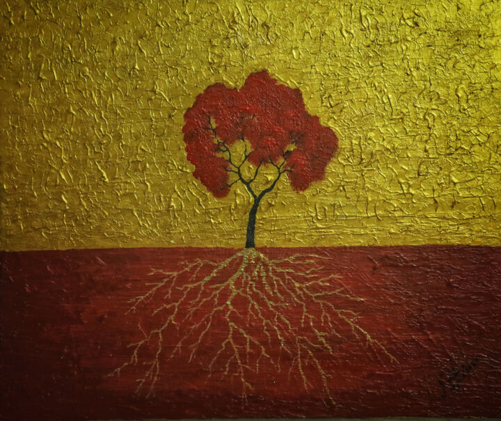Painting titled "Blood Blossom" by Mahfuzur Rahman, Original Artwork, Acrylic Mounted on Wood Panel