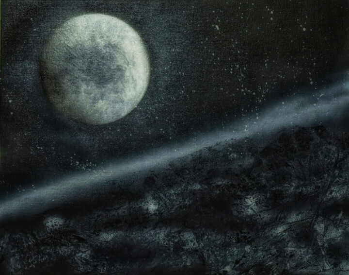 Painting titled "Second Moon" by Mahfuzur Rahman, Original Artwork, Spray paint Mounted on Wood Stretcher frame