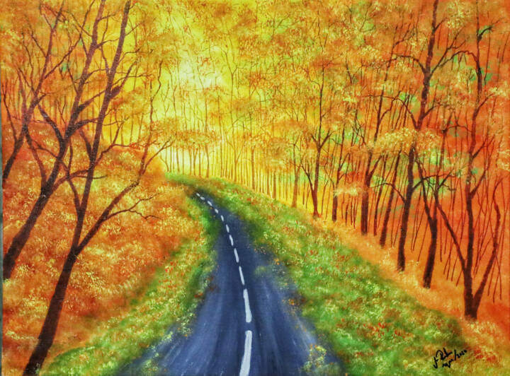 Painting titled "Autumn Way" by Mahfuzur Rahman, Original Artwork, Acrylic Mounted on Wood Panel