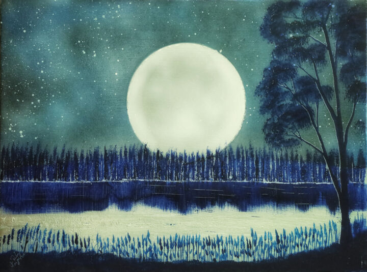 Painting titled "Full Moon" by Mahfuzur Rahman, Original Artwork, Acrylic Mounted on Wood Panel