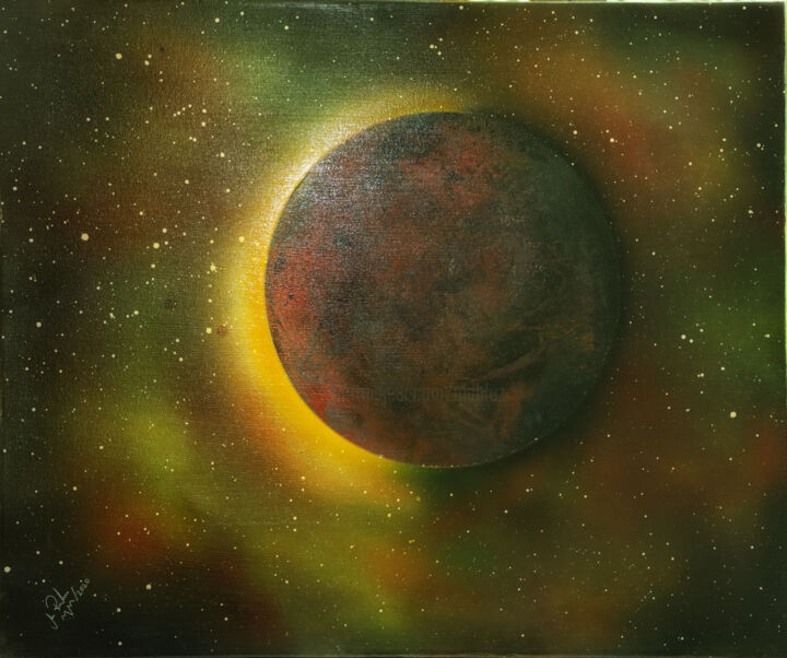 Malarstwo zatytułowany „Dark Planet Eclipse” autorstwa Mahfuzur Rahman, Oryginalna praca, Farba w spray'u Zamontowany na Pan…