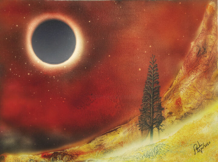 Ζωγραφική με τίτλο "Blood Moon Eclipse" από Mahfuzur Rahman, Αυθεντικά έργα τέχνης, Σπρέι βαφής Τοποθετήθηκε στο Ξύλινο πάνελ