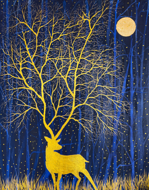 Painting titled "Golden Deer" by Mahfuzur Rahman, Original Artwork, Acrylic