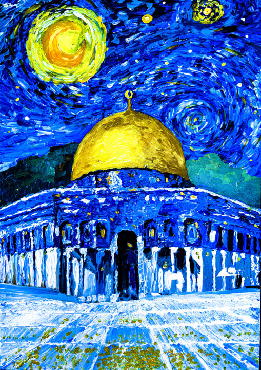 Schilderij getiteld "Starry night over A…" door Mahfuzur Rahman, Origineel Kunstwerk, Acryl