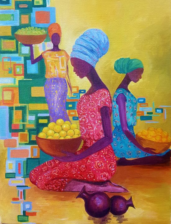 Painting titled "Vendors" by Mahlet Gebre, Original Artwork, Acrylic