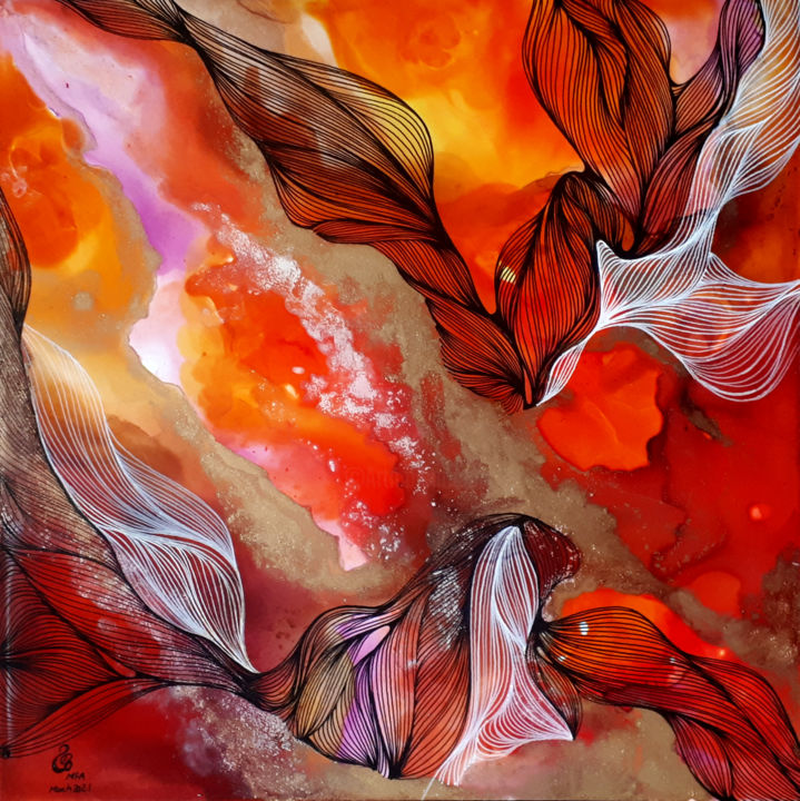 Peinture intitulée "The Heart Flame" par Mahsa Fatemi Alavi, Œuvre d'art originale, Encre