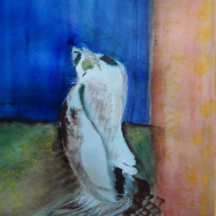Peinture intitulée "Une belle à la fenê…" par Maï Laffargue, Œuvre d'art originale, Aquarelle