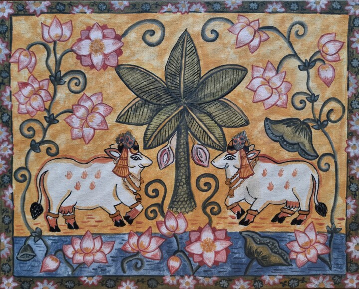 Painting titled "Sacred Cows" by Maïa Saint-Couleurs, Original Artwork, Pigments Mounted on Cardboard