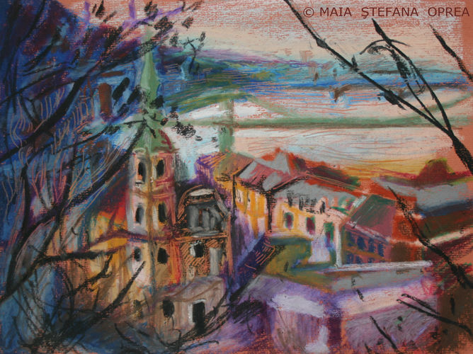 Pintura intitulada "VIEW OVER BUDAPEST" por Maia Stefana Oprea, Obras de arte originais, Óleo