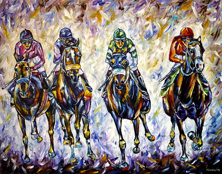 Schilderij getiteld "Horse Race" door Mirek Kuzniar, Origineel Kunstwerk, Olie