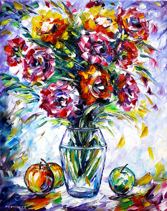 Painting titled "Rosen und Äpfel" by Mirek Kuzniar, Original Artwork, Oil