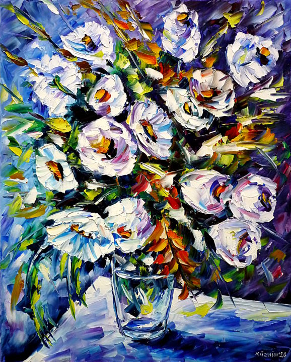 Painting titled "Weißer Blumenstrauß" by Mirek Kuzniar, Original Artwork, Oil