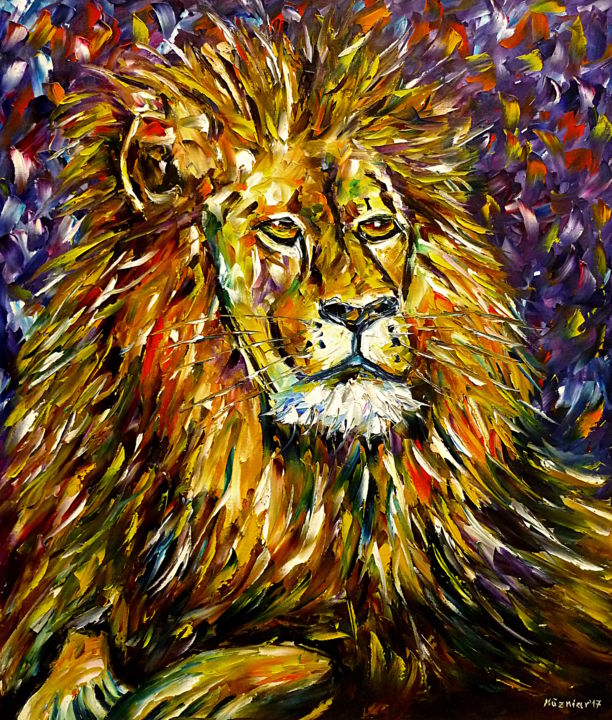 Malerei mit dem Titel "Löwenportrait" von Mirek Kuzniar, Original-Kunstwerk, Öl