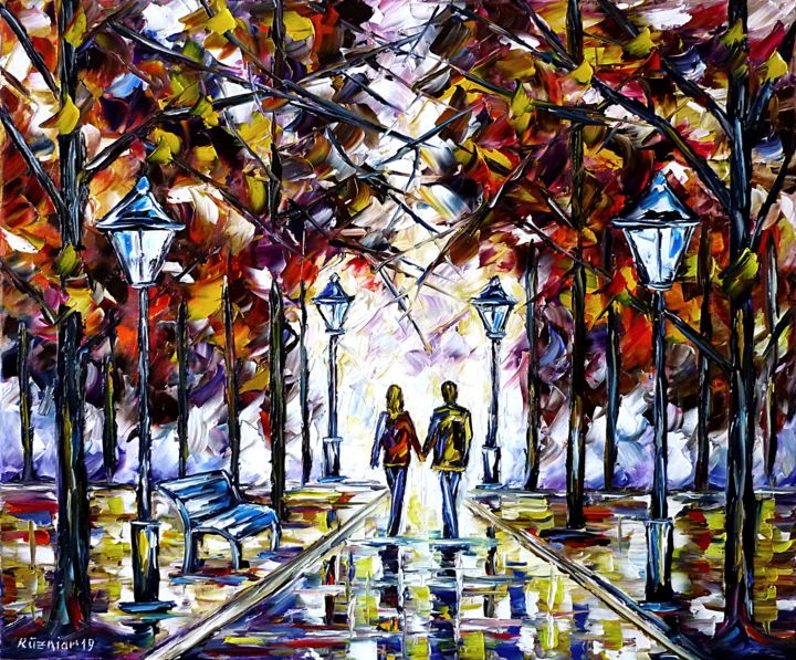 Malerei mit dem Titel "Liebesspaziergang" von Mirek Kuzniar, Original-Kunstwerk, Öl