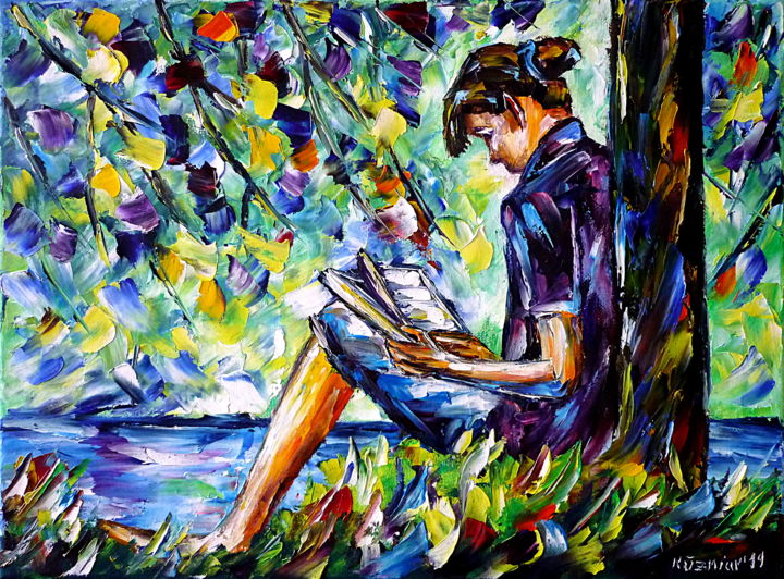 Malerei mit dem Titel "Lektüre am Fluss" von Mirek Kuzniar, Original-Kunstwerk, Öl