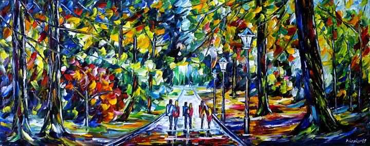 Malerei mit dem Titel "Menschen im Park" von Mirek Kuzniar, Original-Kunstwerk, Öl