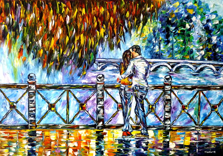 Malerei mit dem Titel "Auf der Liebesbrücke" von Mirek Kuzniar, Original-Kunstwerk, Öl