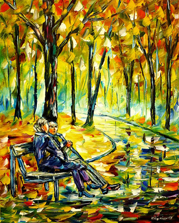 Painting titled "Rentnerpaar im Park" by Mirek Kuzniar, Original Artwork, Oil