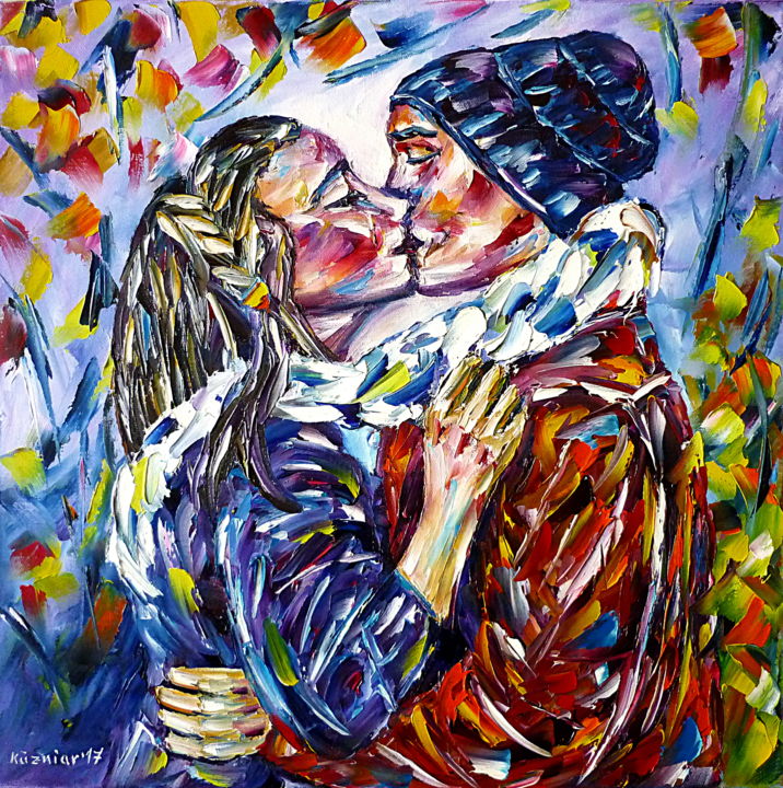 Painting titled "Liebeskuss im Herbst" by Mirek Kuzniar, Original Artwork, Oil