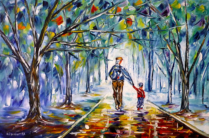 Malerei mit dem Titel "Opa mit Enkel" von Mirek Kuzniar, Original-Kunstwerk, Öl