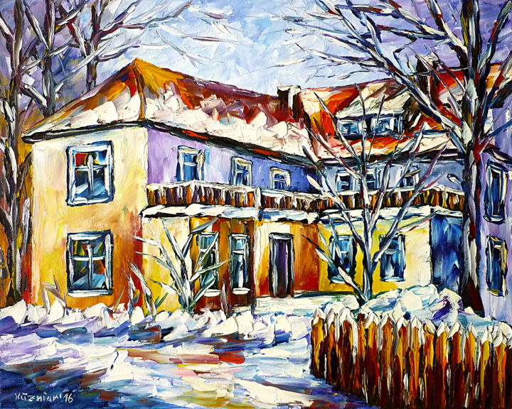 Painting titled "Haus im Winter" by Mirek Kuzniar, Original Artwork, Oil