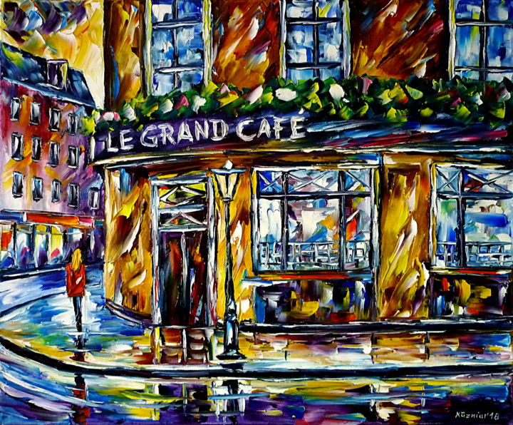 Schilderij getiteld "Das Café an der Ecke" door Mirek Kuzniar, Origineel Kunstwerk, Olie