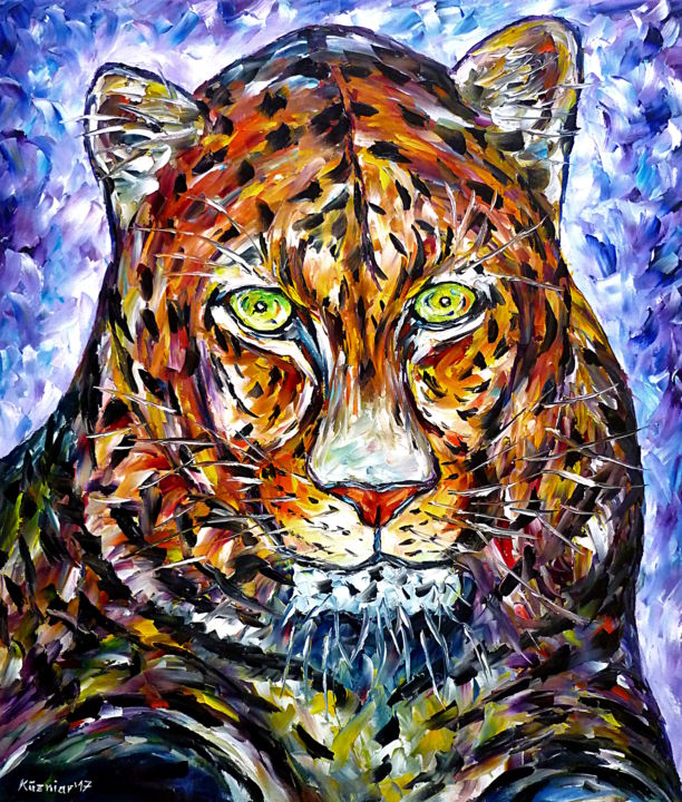 Painting titled "Leopardenportrait" by Mirek Kuzniar, Original Artwork, Oil