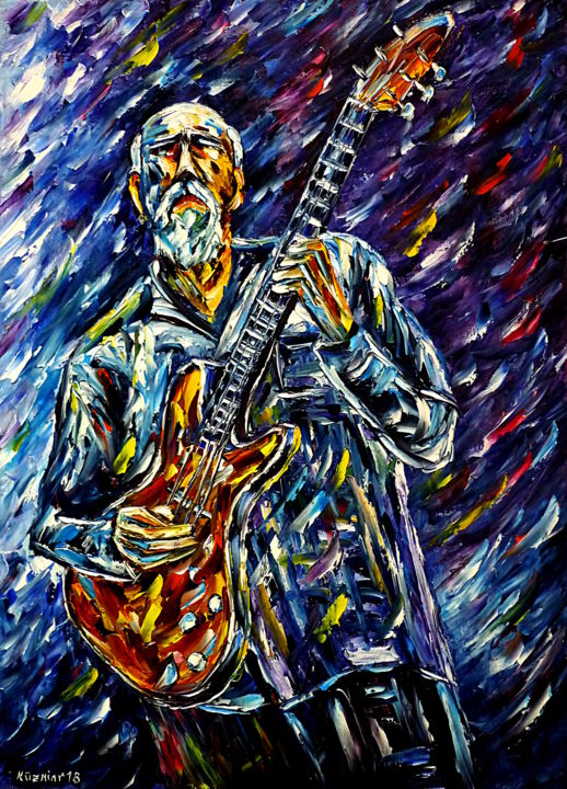 Schilderij getiteld "Jazzgitarrist" door Mirek Kuzniar, Origineel Kunstwerk, Olie
