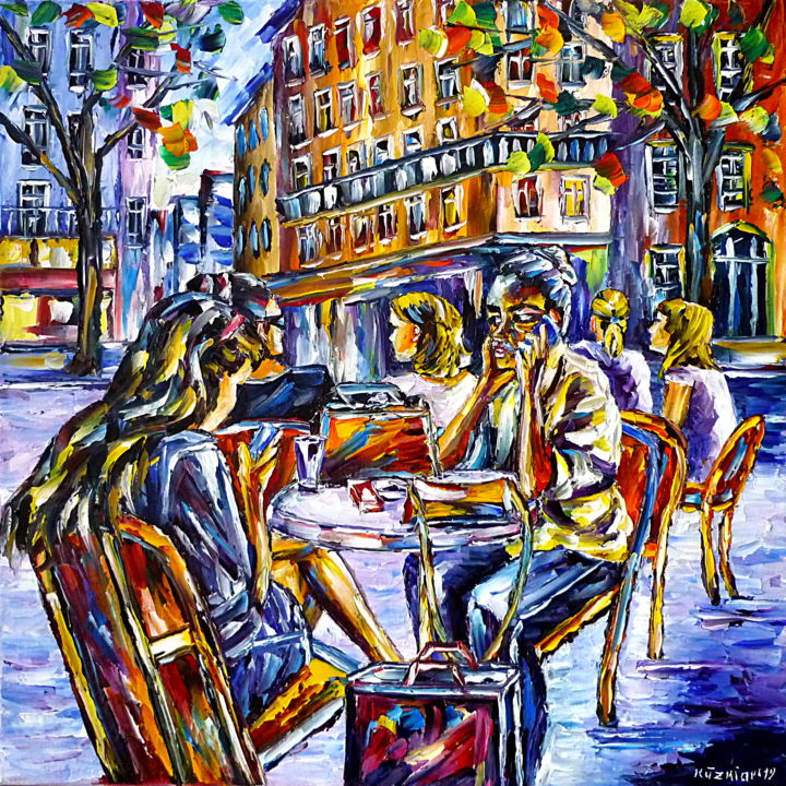 Malerei mit dem Titel "Straßencafé in Pari…" von Mirek Kuzniar, Original-Kunstwerk, Öl
