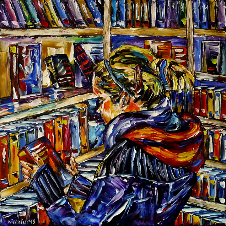 Malerei mit dem Titel "In der Bücherei" von Mirek Kuzniar, Original-Kunstwerk, Öl